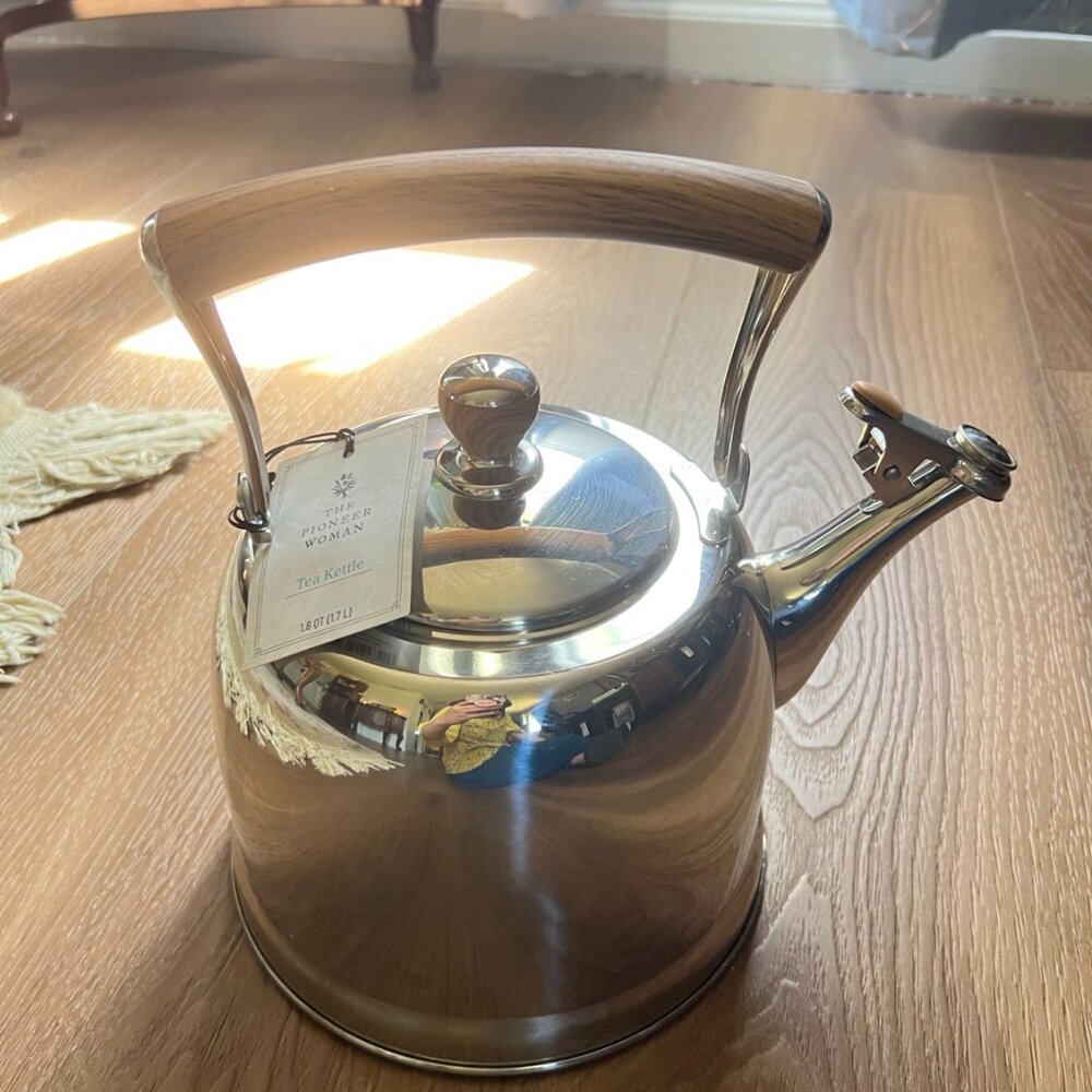 The Pioneer Woman 1.8 QT Stainless Steel Tea Kettle – Wood Handle Whistling Pot